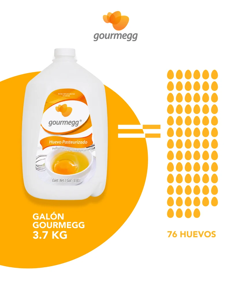 Un galón Gourmegg de 3.7 kg equivale a 76 huevos