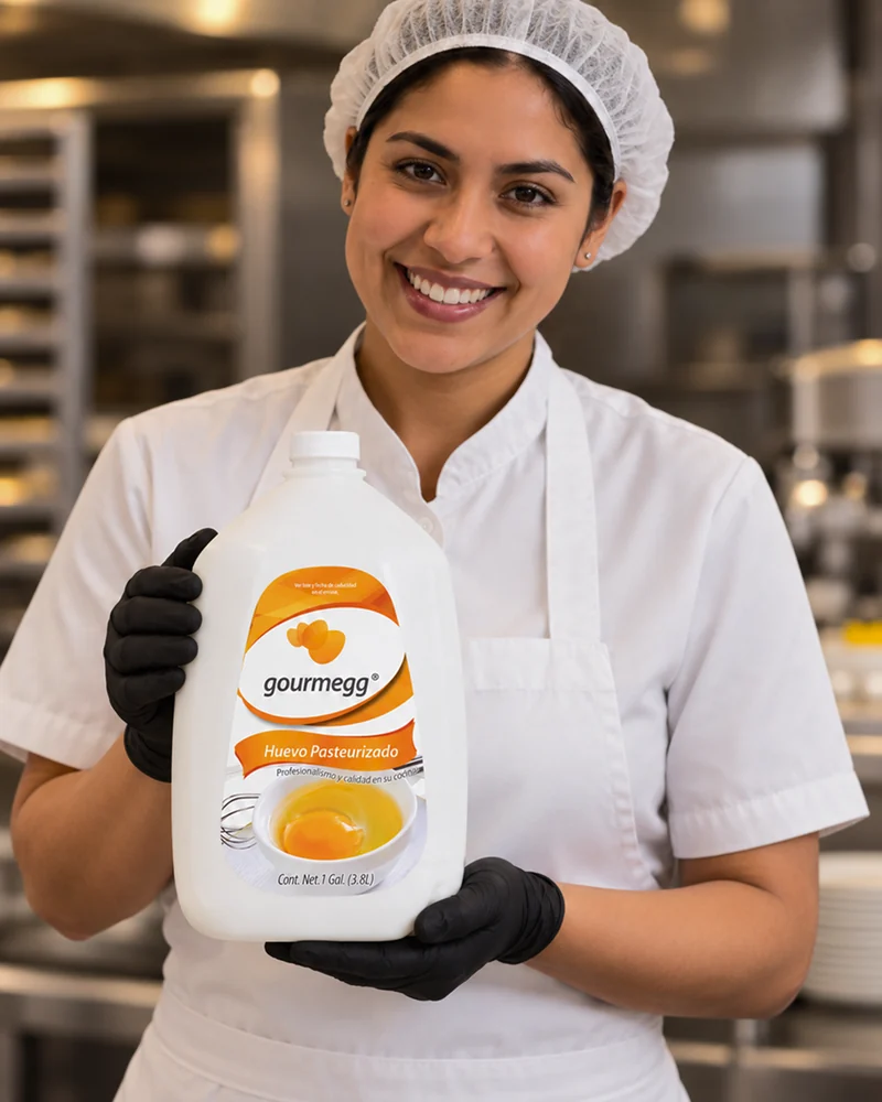 Cocinera Gourmegg sosteniendo un galón de huevo pasteurizado en cocina industrial
