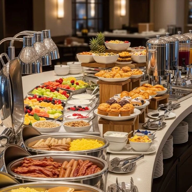 Buffet de desayuno en hotel con chafers y fruta
